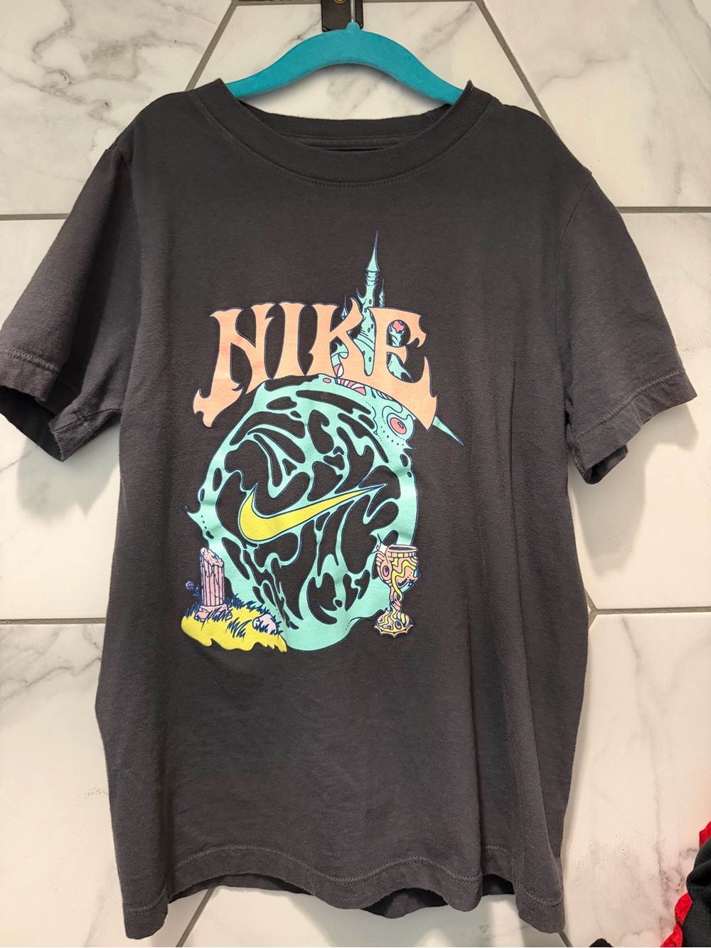 Nike Black Tee with Teal, Yellow & Peach Graphic